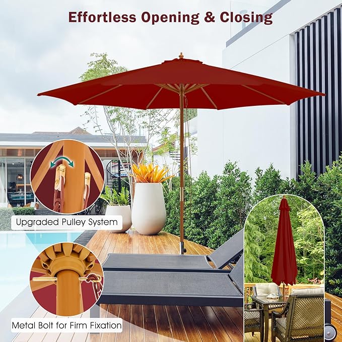 Giantex 10FT Patio Umbrella, Outdoor Table Market Umbrella with 8 Bamboo Ribs, Pulley Lift and Ventilation Hole, Outdoor Sunshade Umbrella for Poolside Backyard Beach