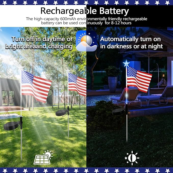 US Flag Solar Garden Lights, 7 Color Changing American Flag Light 4th of July Decorations Lights Patriotic Solar Lights Outdoor for Independence Day Memory Day Garden Yard - 4 Pack