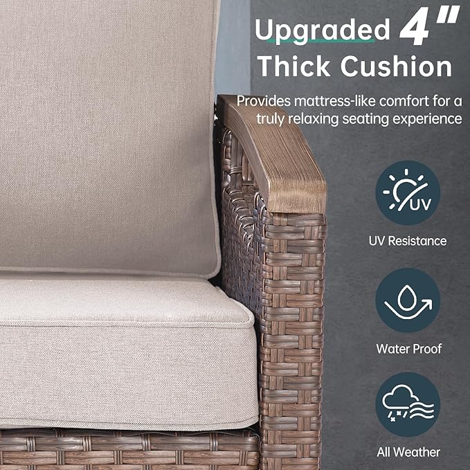 Luxury 5 Piece Heavy Duty Patio Furniture Set with Swivel Chairs - All Weather Wicker Comfort Thick Cushion Outdoor Conversation Set with Sofa & Coffee Table for Porch Poolside Deck - Beige