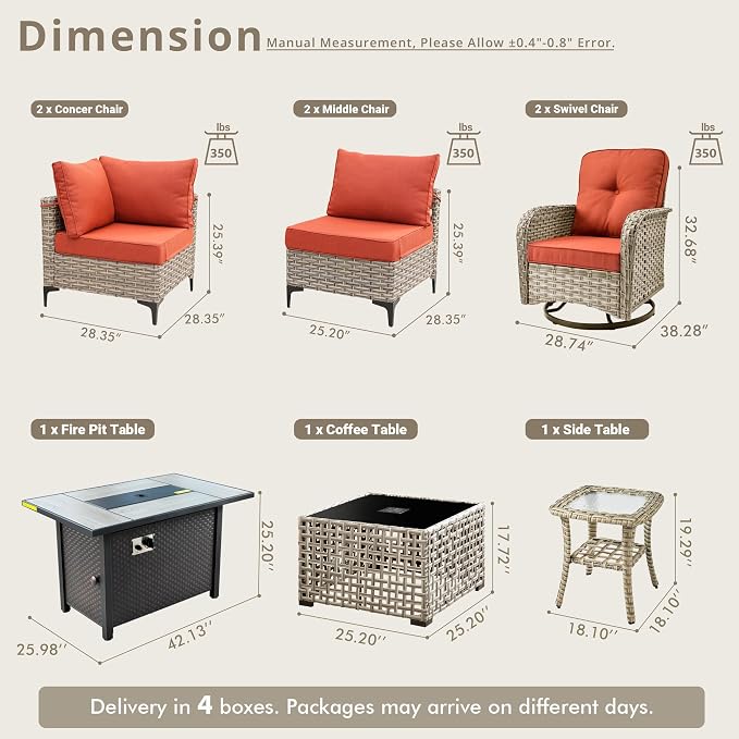 9 Pieces Patio Sectional Furniture Set, Outdoor Wicker Sectional Couch with Firepit Swivel Rocker Chairs Solar Lights Table, Modern Conversation Set for Porch Balcony Backyard, Red