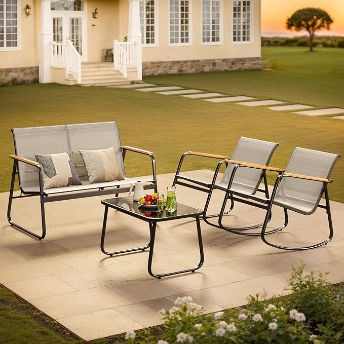 Ahomly 4-Piece Outdoor Patio Furniture Set, All Weather-Resistant Textile Fabric Outdoor Conversation Set with Coffee Table, Patio Rocking Chairs for Lawn, Balcony, Poolside (Grey)