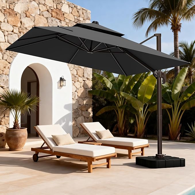 10x10Ft Patio Umbrella Outdoor Cantilever Rectangle Umbrella with Base Included, 6-Level Tilt & 360° Rotation Offset Umbrella for Garden, Deck, Pool(Grey)