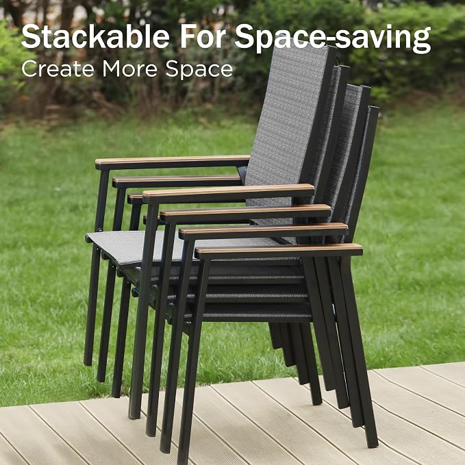 PHI VILLA 5 PCS Patio Dining Set, 4 Outdoor Aluminum Stackable Sling Chairs with Armrest & 1 Square Metal Dining Table (1.57" Umbrella Hole), Patio Table Chair Furniture Set for Deck Lawn Garden