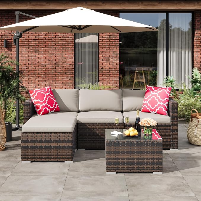 PeakPursuit Outdoor Patio Furniture Set, 5 Pieces Rattan Patio Conversation Sets with Glass Coffee Table and Cushion,All Weather Outdoor Patio Sofa for Garden, Poolside, Backyard,White