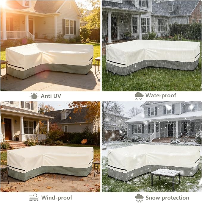 okcool Outdoor Sectional Sofa Cover Waterproof-L-Shaped Patio Furniture Covers for 4-Seater Outdoor Sectional Furniture Couch 58”W (Left Side) x 85”W (Back Length),White&Grayish Green