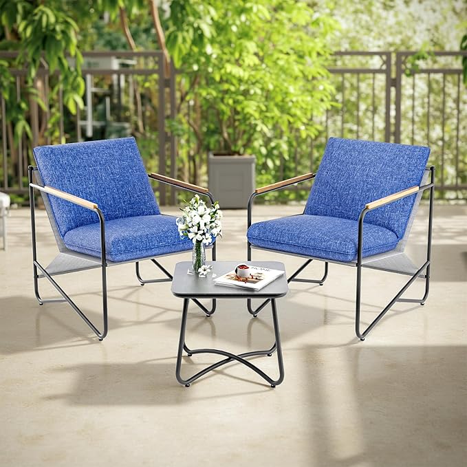 3-Piece Patio Furniture Set, Compact Outdoor Conversation Set with 2 Chairs and Glass Table, Weather-Resistant for Apartment Patio, Small Spaces, Balcony, Backyard – Navy Blue
