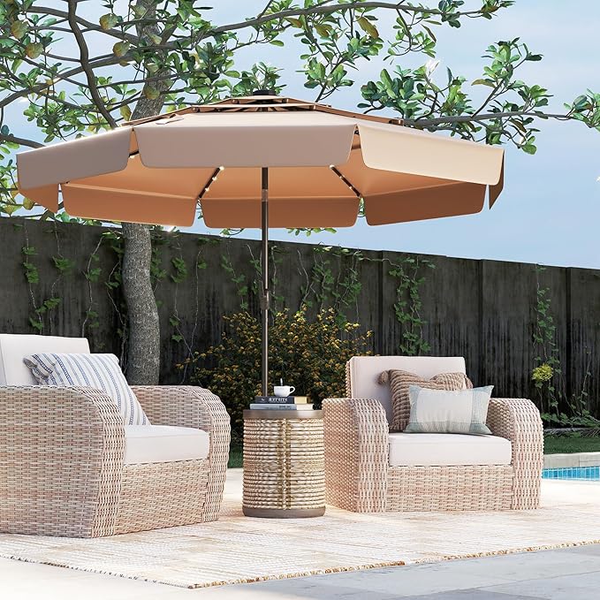 Tangkula 10 FT Solar LED Patio Umbrella, 3-Tiers Scalloped Outdoor Table Market Umbrella with 32 LED Lights, Tilt Adjustment, Crank, 8 Sturdy Ribs for Pool, Deck, Backyard (Tan)