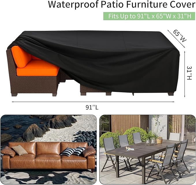 Outdoor Patio Sofa Cover Waterproof, Heavy Duty Couch Cover for Outdoor Furniture, Windproof with Straps, UV Resistant, All-Weather Protection for Garden Couch, 91x65x31 inch
