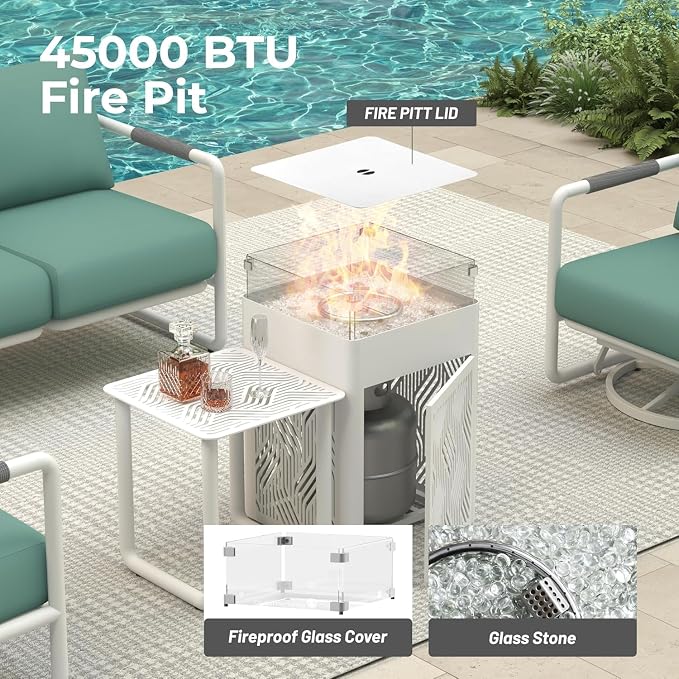 4-Seat Outdoor Aluminum Patio Set with 45,000 BTU Fire Pit Table, 6.5" Thick Cushions & Wide Seating, All-Weather for Pool, Balcony, Garden, White