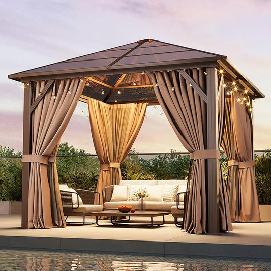 Aoxun 10'x10' Hardtop Gazebo, Outdoor Metal Gazebo with Polycarbonate Roof Canopy, Permanent Pavilion with Netting and Curtains for Lawn, Garden, Patio (Khaki, Single Roof)