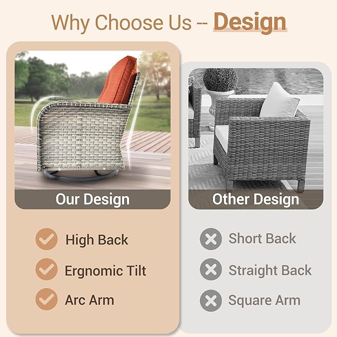 HOOOWOOO Patio Furniture Set,5 Pieces Wicker Outdoor Furniture,High Back Conversation Set with All Weather Resistant Swivel Chairs with Ottoman Side Table,Orange Red