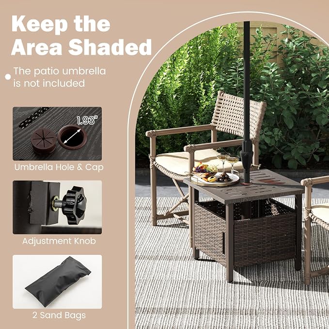 Outdoor Side Table with Umbrella Hole, Umbrella Table with Zinc-Iron Alloy Tabletop, 2 Sand Bags & Single-Door Cabinet, 22" Wicker End Table for Patio, Garden, Porch, Poolside(Mix Brown)