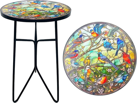 Mosaic Birds Outdoor Side Tea Table, Glass Plant Tables Indoor Decorative Metal Patio Table, Outdoor Tables Unique Furniture - Weather-Resistant Patio Valentine's Day Decor