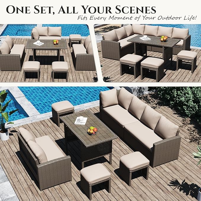 U-MAX 7 Pieces Patio Furniture Set, Outdoor Sectional Sofa Conversation Set, All Weather Wicker Rattan Dining Table & Chair with Ottoman, Brown Rattan&Khaki Cushion