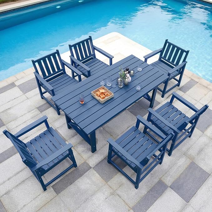 Outdoor Patio Dining Table Set, 7-Piece Outdoor HDPE Dining Furniture Sets with Umbrella Hole Cut-Out Table and 6 Chairs for Patio, Garden, Backyard, Lawn and Poolside, Navy