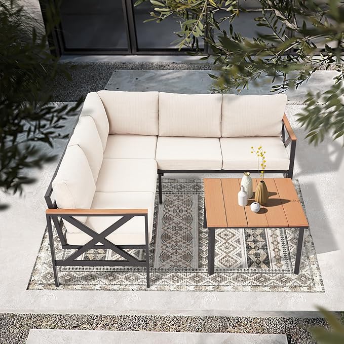 MELLCOM 6 Pieces Patio Furniture Sets, L-Shaped Patio Conversation Sets Metal Outdoor Sectional Sofa with Fauxwood Coffee Table & 6.5" Olefin Cushions for Backyard, Garden, Poolside