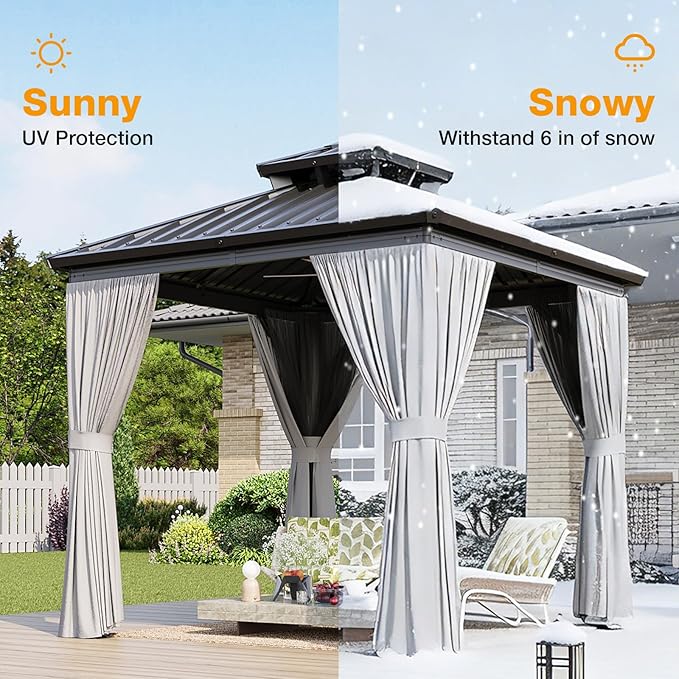 8x8FT Hardtop Gazebo, Metal Frame with Double Galvanized Steel Roof, Permanent Outdoor Pergola with Curtains and Netting Included for Backyard, Patio, Lawn and Garden, Gray