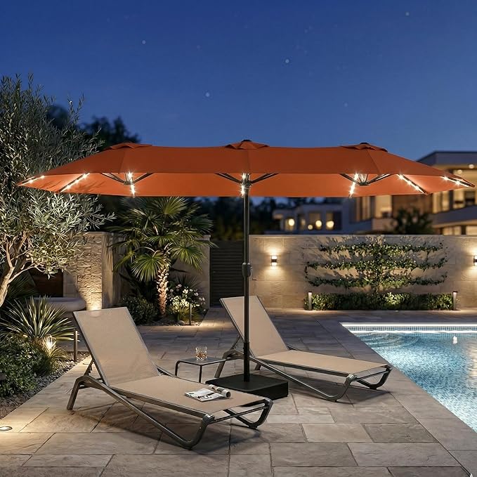 15FT Large Outdoor Patio Umbrella with Solar Lights and Base, Double-Sided Table Umbrellas with 48 LED Lights, Rectangle Market Umbrella for Pool, Deck, Backyard