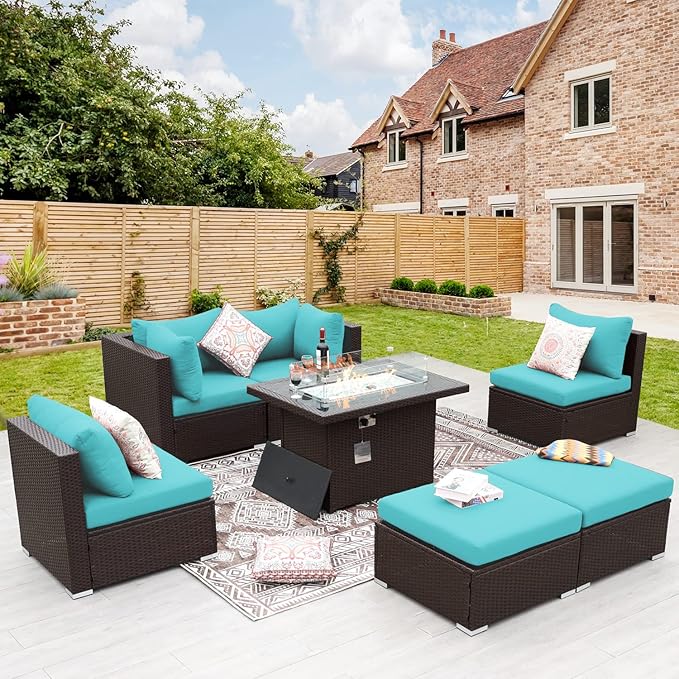 NICESOUL 7 Piece Patio Furniture Set with Natural Gas/Propane Firepit, 29.3'' High Back Comfy Outdoor Conversation Sofa Sets, Deep Seat Sectional Couch for Heavy Weight, Brown Rattan and Teal Cushion