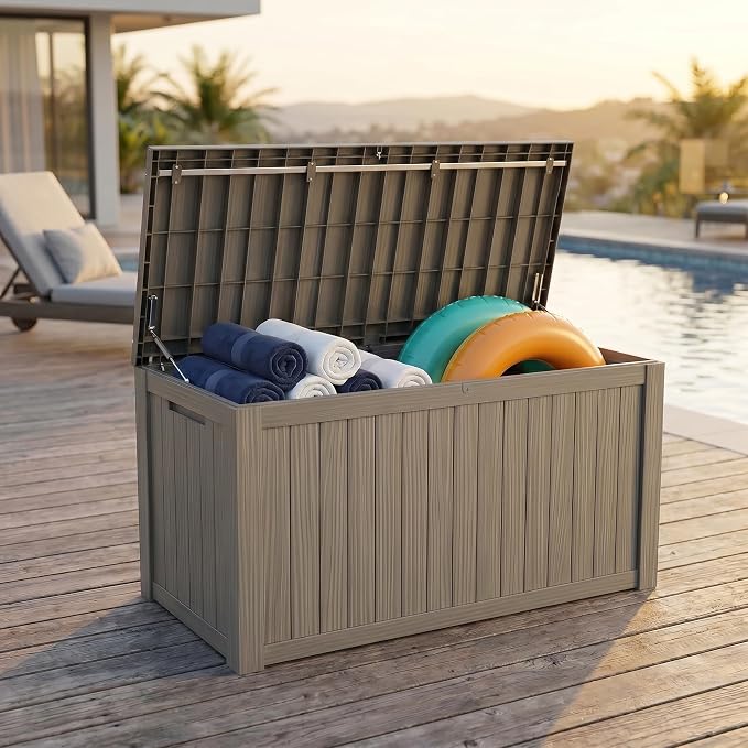 178 Gallon Resin Deck Box with Gas Lift Support – Outdoor Storage for Patio Furniture, Garden Tools & BBQ Accessories – Weatherproof Wood Grain Design with 660 Lbs Bench Seat (Lockable Lid)