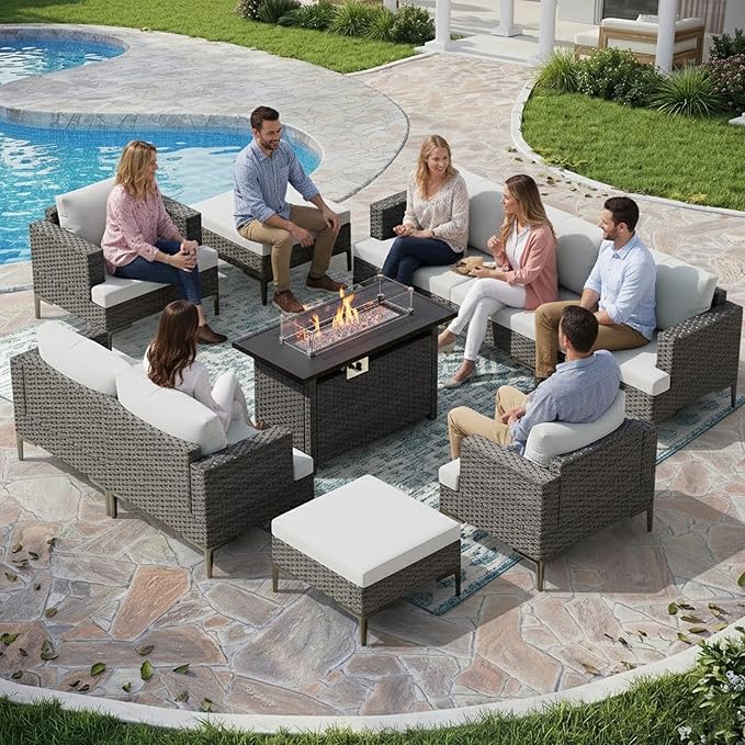 10 Pieces Patio Sectional Furniture Set with 44" Propane Fire Pit Table, 60000BTU Wicker Outdoor Sectional Coversation Set, Thick Cushion Deep Seat, Outdoor Furniture for Porch,Backyard,Deck (Grey)