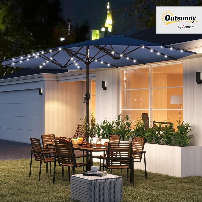 Outsunny 14.8ft Double Umbrella, Large Outdoor Patio Sun Shade with LED Solar Light for Garden