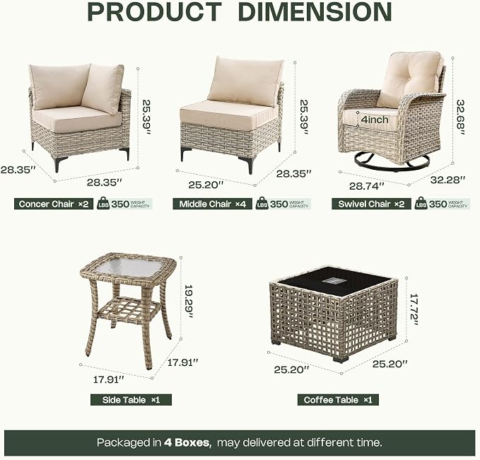 10 Pieces Patio Furniture Set, Outdoor Conversation Set with 360° Swivel Rocker Chairs, Wicker Modular Sectional Sofa & Solar Coffee Table, High Back Outdoor Furniture L Shaped Couch for Porch, Beige