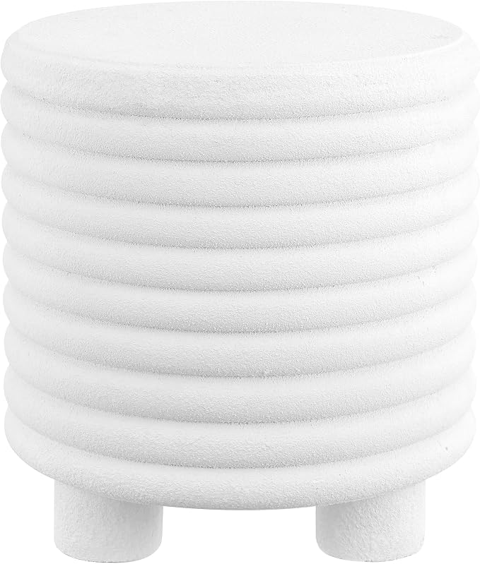 JONATHAN Y Evans Modern Ribbed Drum Outdoor Accent Table, 18" H Weather-Resistant Footed Garden Stool for Patio, Porch, and Living Room, Frosted White TBL1107B