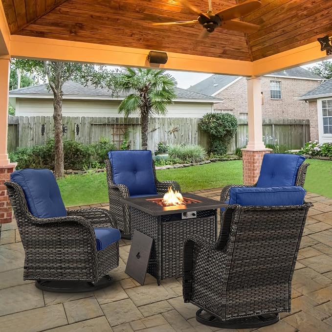 Belord Patio Furniture Set with Fire Pit Table, Outdoor Swivel Rocker Patio Chairs, Wicker Furniture Set Ideal for Porch, Deck, Pool, Yard, SunroomGray Wicker/Blue