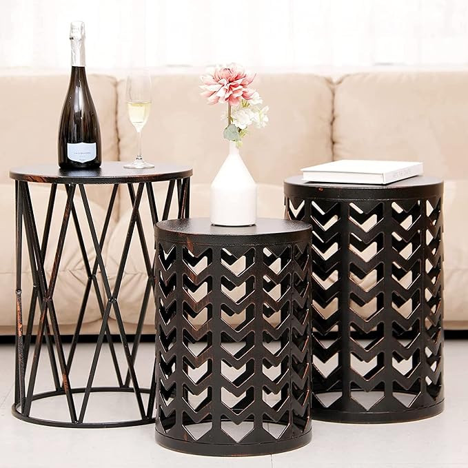 Y&M Outdoor Side Tables Set of 3, Nesting Metal End Coffee Tables, Indoor Round Accent Metal Tables for Patio, Porch, Balcony, Garden, Sunroom, and Living Room, Black with Bronze