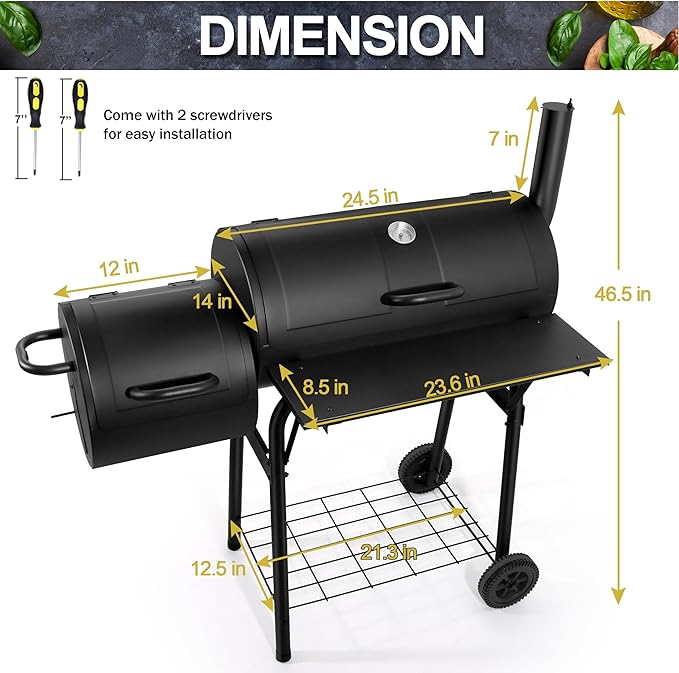 Joyfair Charcoal Grill with Offset Smoker, Camping Barbecue Grill with Side Fire Box for Outdoor BBQ Smoking/Backyard Party Grilling, Thick Iron Steel & Dual Chamber Design, Thermometer & Chimney