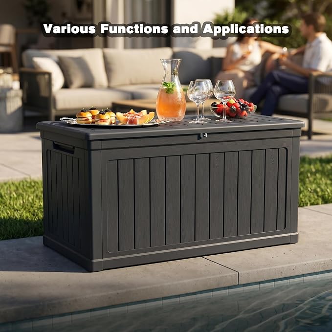 XXL Large Gallon Resin Deck Box, Waterproof Lockable Outdoor Storage Box, Black Organizer for Patio Furniture, Cushions, Garden Tools, Pool & Sports Equipment (230, Gallons)