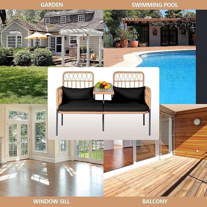 Outdoor Loveseat 2 Pieces Patio Furniture Set, Porch Furniture Wicker Large Loveseats, Patio Conversation Sets with Cushions & Lumbar Pillows and Built-in Table, Black