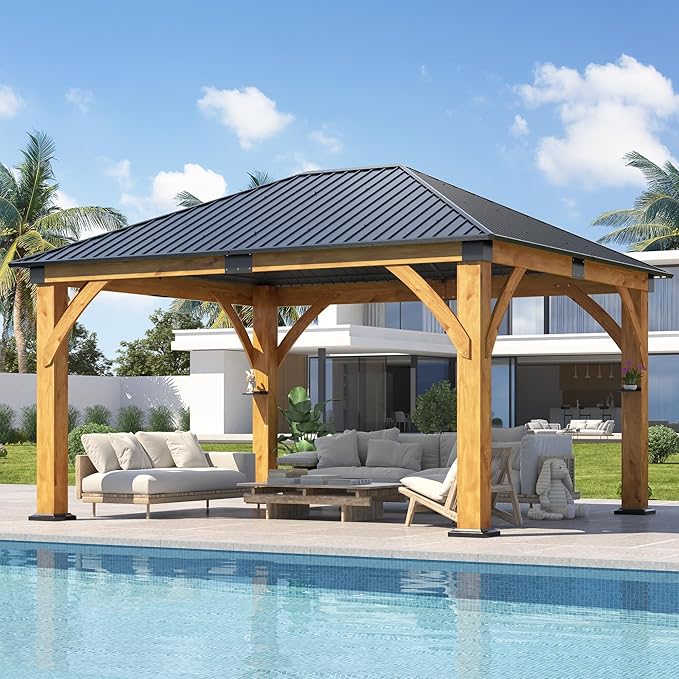 COVERONICS 13FT x 15FT Outdoor Spruce Wood Gazebo - Patio Wooden Frame Gazebo with Galvanized Steel Roof, Heavy-Duty Hardtop Gazebos for Garden, Poolside, Deck, Backyard
