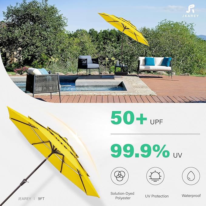 JEAREY 9FT 3 Tier Patio Umbrella Outdoor Market Umbrella Table Umbrellas with 8 Ribs 1.5 Pole Push Button Tilt and Crank UV Protection for Garden,Backyard,Yellow