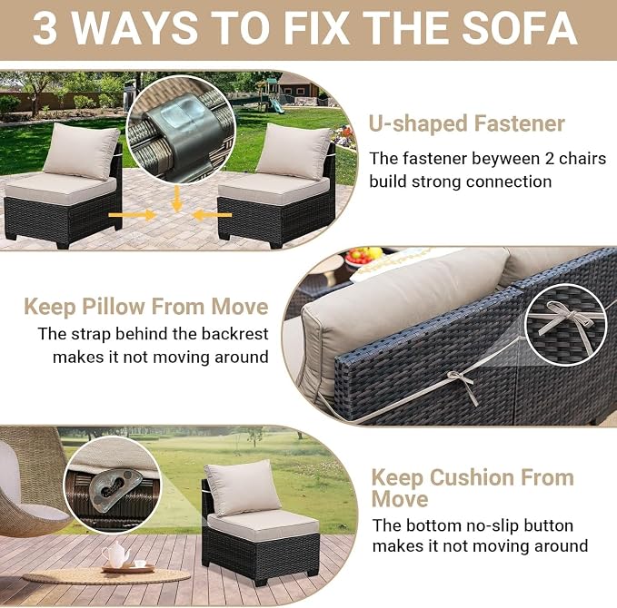 10-Piece Outdoor Patio Furniture Set with PE Wicker Sectional Sofa, Removable Cushions, Glass Coffee Table, Left and Right Armrest Rattan Conversation Set for Garden, Porch, Deck, Backyard(Blue)