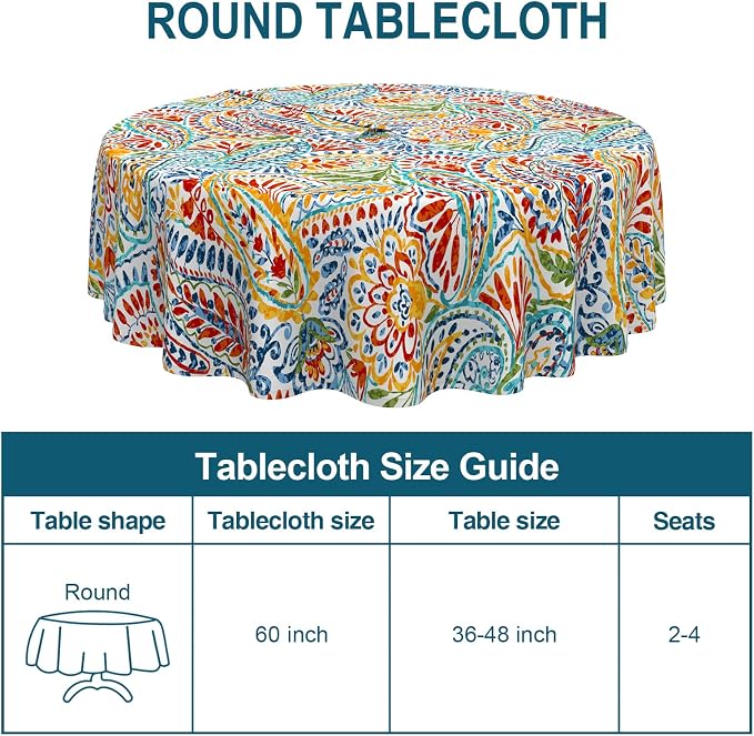 DYTXIII Outdoor Round Tablecloth with Umbrella Hole 60 Inch, Water Repellent & Fade Resistant Table Cover, All Weather Outdoor Tablecloth for Garden & Party Table, Paisley Multi