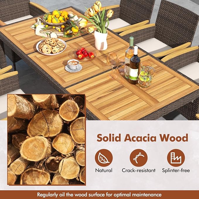 COSTWAY 9-Piece Patio Dining Set for 8, Outdoor Rattan Wicker Table and Chairs Furniture Set with Umbrella Hole, Acacia Wood Tabletop for Backyard, Balcony, Poolside, Brown & Beige