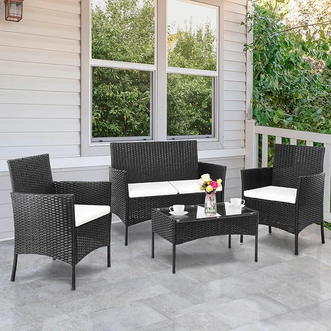 4 Piece Outdoor Patio Furniture Set, Wicker Rattan Patio Conversation Set with Loveseat Soft Cushion and Coffee Table for Garden, Backyard, Balcony, Porch, Yard and Poolside, Black