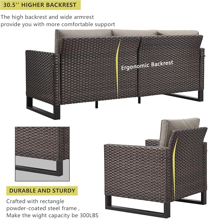 HUMMUH 8 Piece Patio Furniture with Fire Pit,PE Wicker Outdoor Conversation Sets-6-Seater Sofa,Patio Swivel Chairs Outdoor Chairs, Propane Fire Pit,Side Table for Porch,Garden,Backyard(Brown/Grey)
