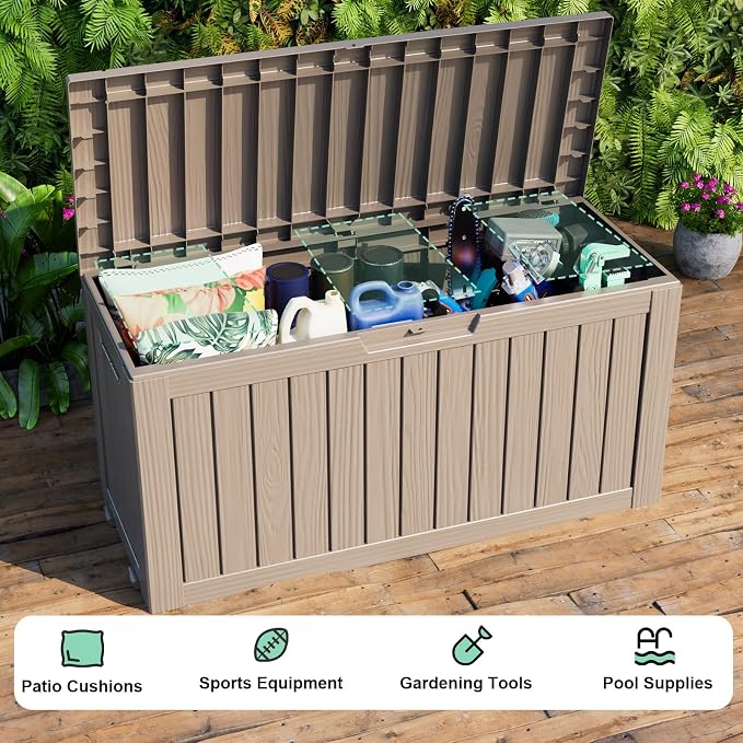 90 Gallon Outdoor Waterproof Storage Deck Box Lockable Outside Resin Bench UV Resistant Bin Patio Porch Pool Float Garden Furniture Cushion Tool Grey