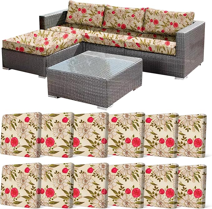 CALBODE 12Pcs Stretch Patio Cushion Cover, Floral Couch & Sofa Slipcovers for Patio Furniture Cushions Washable Reusable Couch Covers Replacement for All-Season (Rosy Pink Floral,Cover Only)