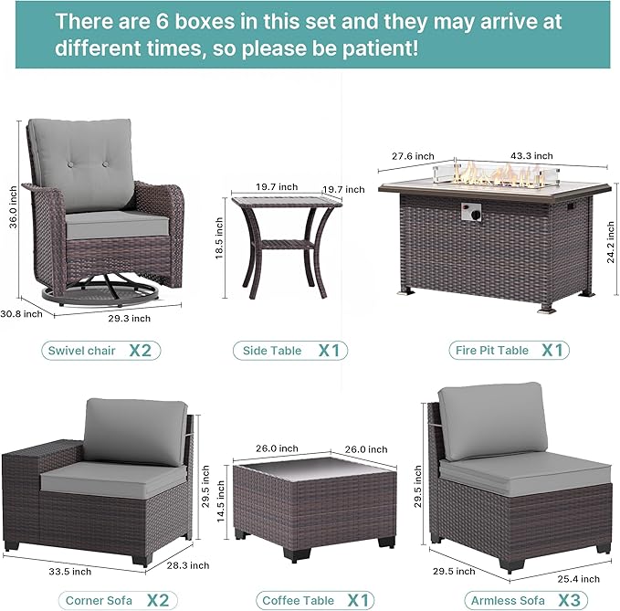 Gotland 10 Pieces Patio Furniture Set with 2 Swivel Rocking Chairs 1 Fire Pit Table, Patio Furniture in 4 Combinations with 1 Coffee Table Wide Armrests 29.5'' High Backrest, for Deck Garden Pool Gray