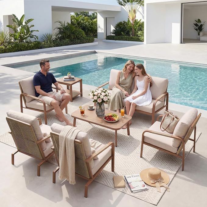 7-Piece Aluminum Outdoor Patio Furniture Set, Modern Conversation Set with Sofa, Loveseat, Chairs, Coffee Tables & Washable Cushions for Backyard Garden Balcony Deck