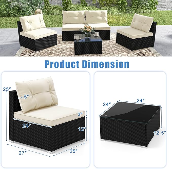 HAPPYGRILL 5 Pieces Patio Rattan Sofa Set, Outdoor Furniture Set with Seat & Back Cushions, Square Coffee Table with Tempered Glass Tabletop, Wicker Patio Conversation Set for Backyard, Poolside