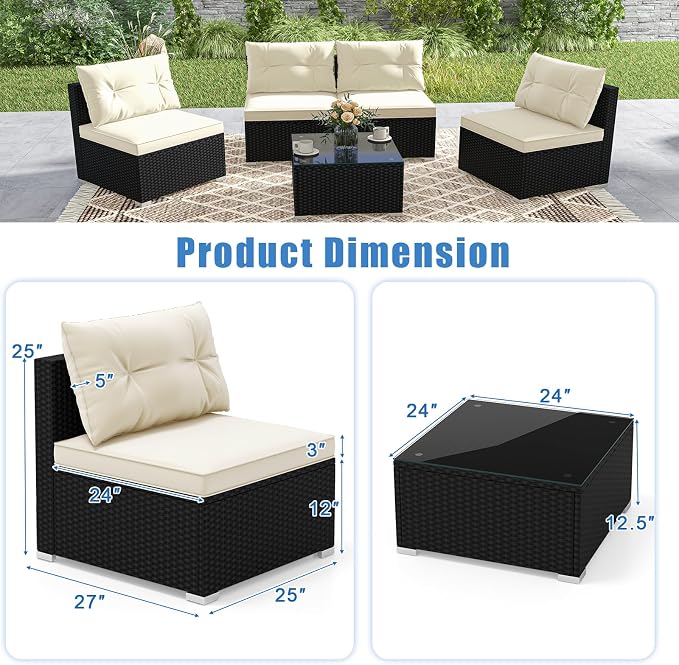 DORTALA 5 Piece Wicker Patio Furniture Set, PE Rattan Outdoor Sectional Conversation Set with Tempered Glass Coffee Table, 4 Chairs for Deck, Backyard, Poolside, Off White