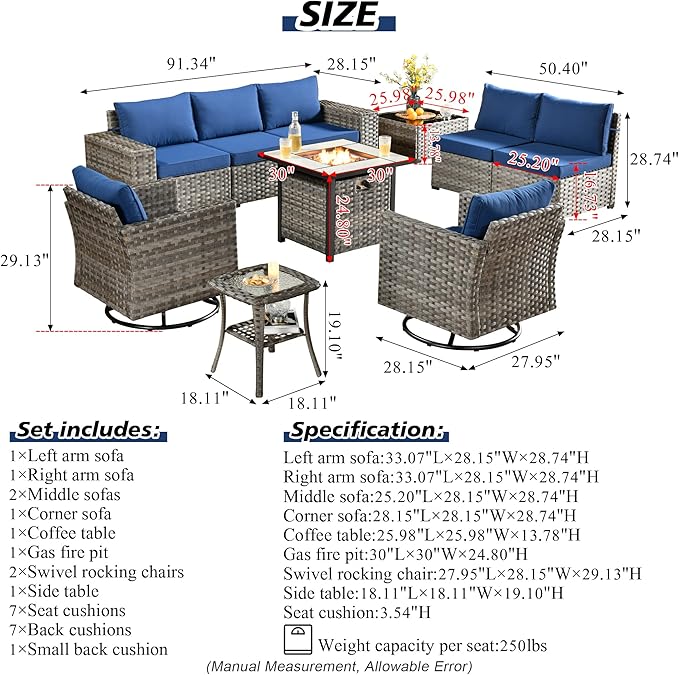 HOOOWOOO Outdoor Patio Sectional Furniture Sofa Set with Fire Pit Table,10 Piece Modern Wicker Couch with Swivel Chairs,Modular Conversation Seating Set with Widened Armrest for Garden(Navy Blue)
