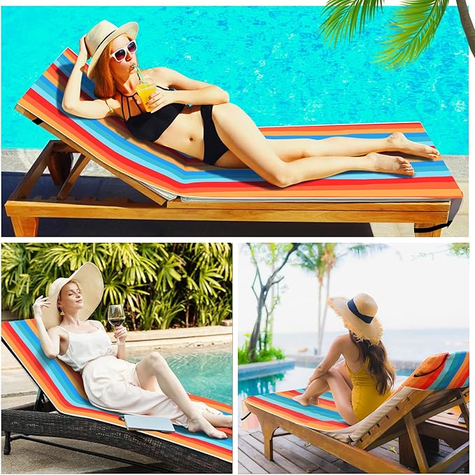 Fumete 2 Pack Lounge Chair Covers 30 x 85 Inch Pool Chaise Lounge Towels Microfiber Beach Chair Towel Portable Striped Outdoor Patio Furniture Cover for Sunbathing Picnic Spa(Colorful)