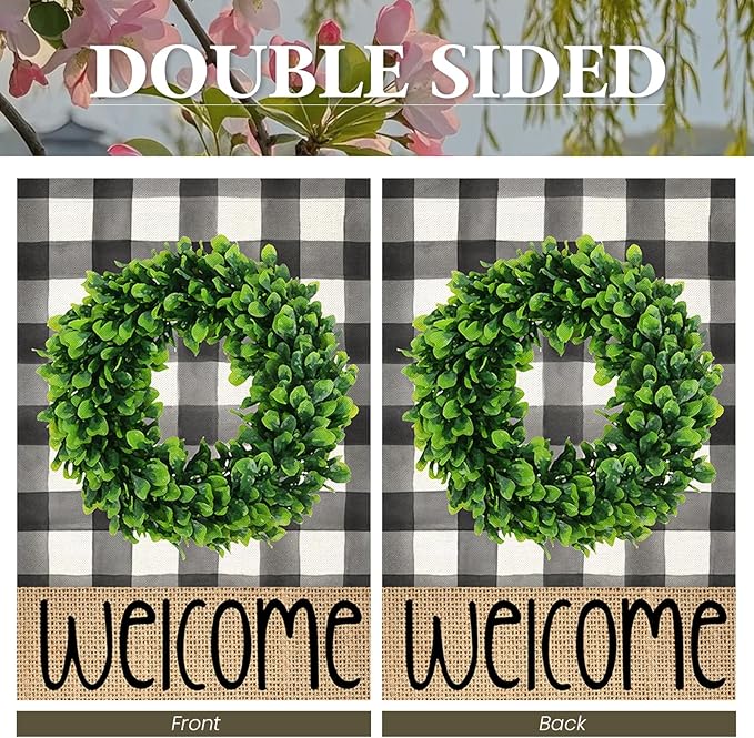 Welcome Summer House Flag for Outdoor,Buffalo Plaid Boxwood Wreath Yard Flags for Outside, Spring Seasonal Holiday Decorative Flag for Farmhouse Decor 28x40 Double Sided