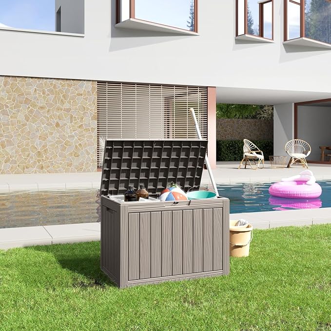Vixzen 45 Gallon Resin Deck Box, Lockable Outdoor Storage Box for Patio Cushions Storage Furniture,Garden Tools, Pool Supplies, Weatherproof and UV Resistant- Light Brown